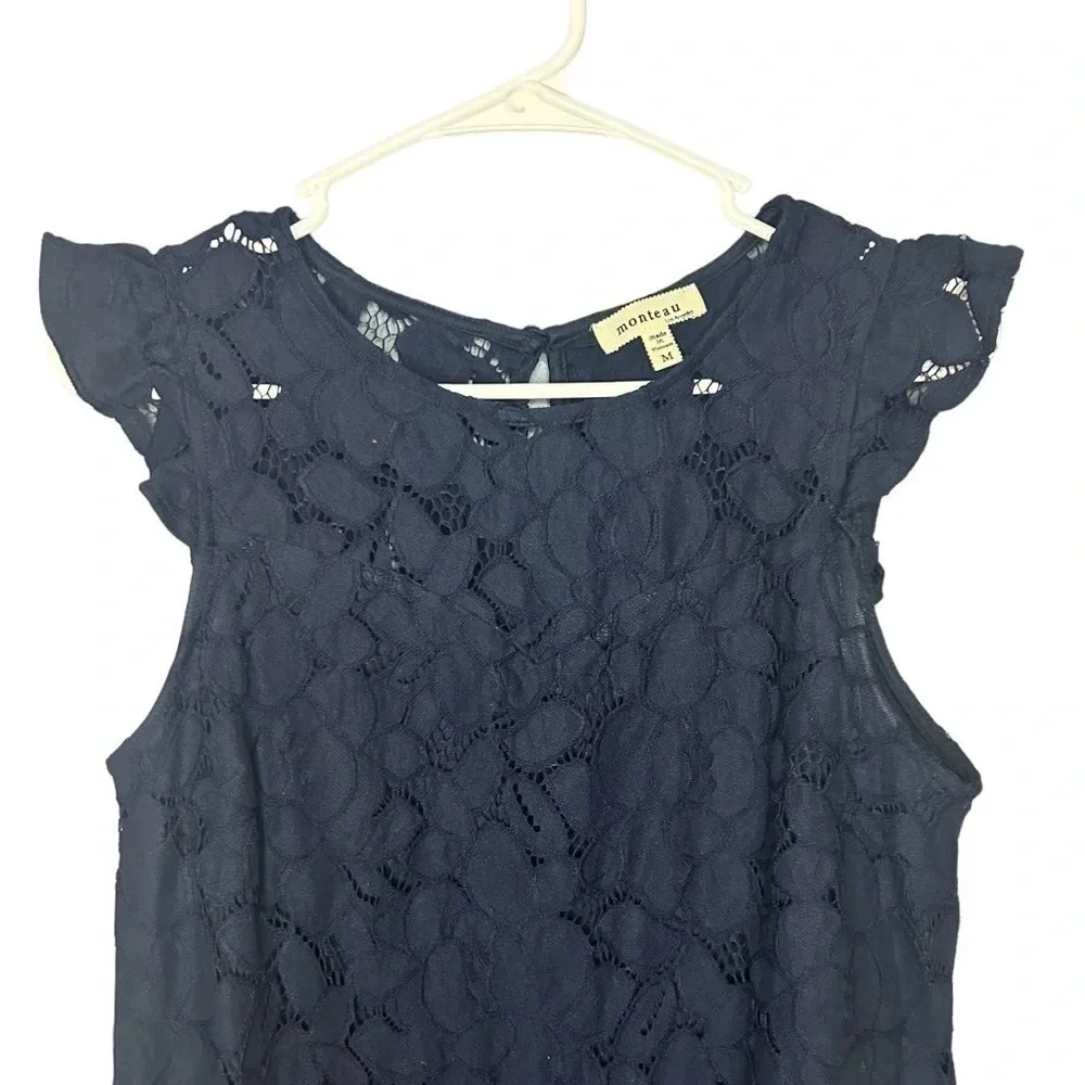 Monteau dress lace overlay flutter sleeve navy blue women’s size medium - Picture 8 of 10